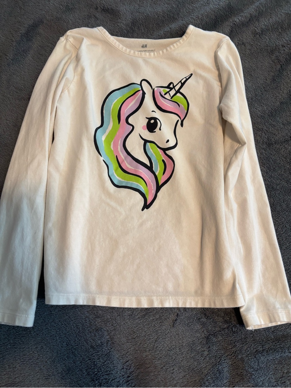 H&M White Long-Sleeve Unicorn Tee with Pastel Mane